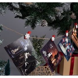 Agoer 60 Pcs Wooden Snowflake Clothespins Craft Clips with Jute Twine, Christmas Wooden Pegs, Mini Photo Paper Card Pegs for Xmas DIY Decoration