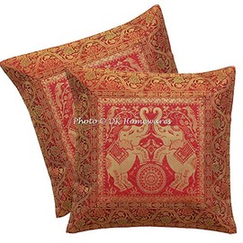 DK Homewares Brocade Indian Rust Living Room Cushion Covers 16 x 16 Brocade Jacquard Elephant Floral Square Decorative Cushion Covers 40 x 40 cm Home Decor Set 2
