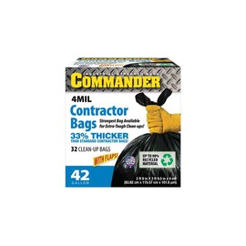 Commander 42 Gallon 4 MIL Black Heavy Duty Trash Bags - 33'' x 45'' - Pack of 32 - for Home, Kitchen, Lawn, Outdoor, Construction, & Contractor'
