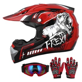 Oumurs DOT Youth Dirt Bike Helmet with Goggles & Gloves for 5-14 Years Old, Kid ATV Helmets for Youth Boys Girls, Four Wheeler Helmet, Motocross BMX MX UTV Offroad Street Go Kart Dirt Bike Dinosaur