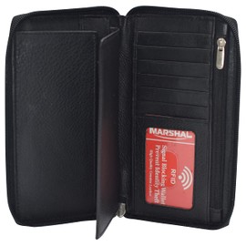 MARSHAL Genuine Leather Checkbook Cover Zippered (RFID Black)