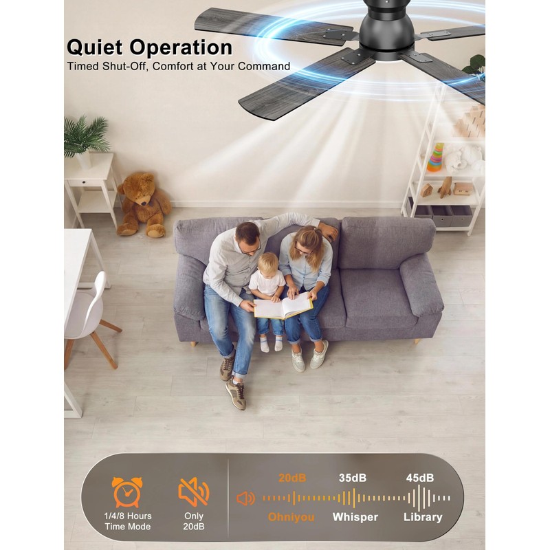 Ohniyou 52'' Low Profile Ceiling Fan with Lights, Remote/APP Control,