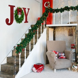 12 Inch Christmas Joy Home Sign Wooden Joy Letter Sign Wall Decor Buffalo Plaid Wall Hanging Letter Faux Green Farmhouse Wreath Large Joy Sign with Plaid Bow for Indoor Outdoor Decor (Red-Black)