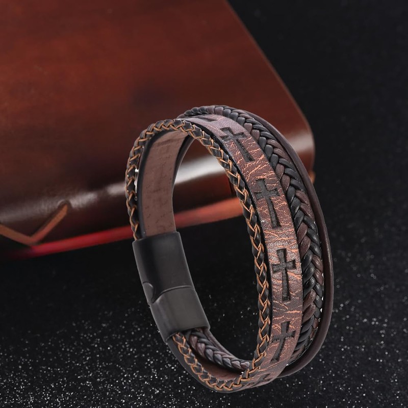 REchoLI Cross Bracelet for Man,Men's Brown Leather Cross Bracelet with