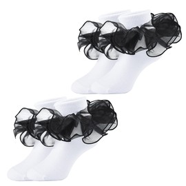 hakugoo Girls Double Lace Ruffle Socks - 2 Pairs Turn Cuff Frilly Dress Socks for Pageant (Black, 4-6 Years)