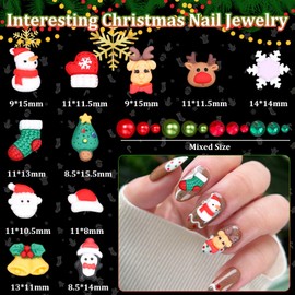 Christmas Candy Nail Charms and Nail Rhinestones, 3D Christmas Resin Nail Art Charms, Flatback Pearls Santa Claus Snowman Socks Elk Christmas Tree Bells Cartoon Charms for Christmas DIY Decor