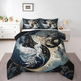 Erosebridal Dragon Bedding Set Japanese Ukiyoe Comforter Set Exotic Animal Queen Size Ancient Loong Phoenix Quilt for Boys Teen Bedroom, Yin Yang Down Duvet Insert 2 Pillow Cases Black and White