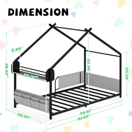 Timy House Shape Twin Size Montessori House Bed Metal Floor Bed with Storage Rack and Caddy Twin Bed-Frame for Kids No Box Spring Needed Black