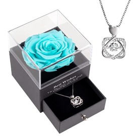 Rosa real preservada con collar. Rosa eterna para mamá, esposa, novia, hermana, ideas para mujeres en el día de la madre, cumpleaños, aniversario, Navidad, día de San Valentín (azul Tiffany)