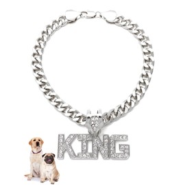 Icemond Rhinestone Studded King Pendant 18"/26" Cuban Chain Fashion Costume Jewelry Necklace for Dogs Cats in Gold or Rhodium Tone (Rhodium - 18" King)