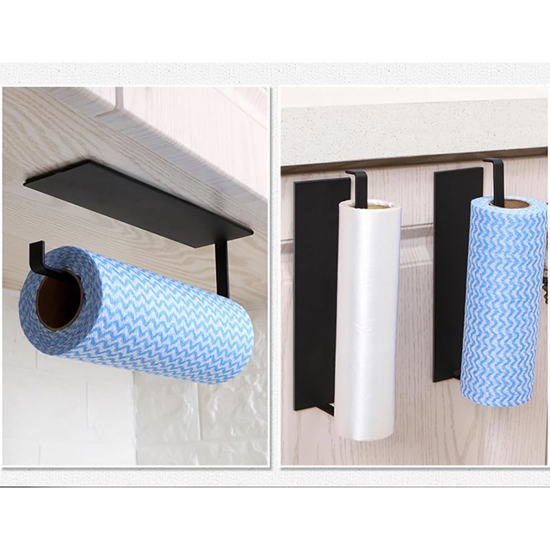 Black Paper Towel Holder, Self-Adhesive Kitchen Roll Dispenser Under Cabinet,