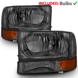 AmeriLite OE Smoke Replacement Headlights 4pcs Set w/Socket Bulb for 1999-04 Ford Excursion/Super Duty F250 F350 F450 F550 Truck - Passenger and Driver Side