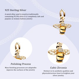Simphman Golden Sparkling Bee Dangle Charm 925 Sterling Silver Charms for Bracelets and Necklaces Bead Charms with Cubic Zirconia Jewelry Charm for Women Family Friends