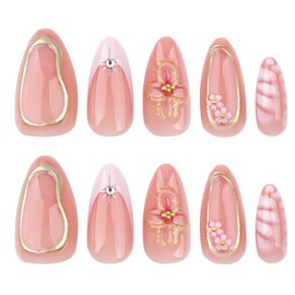 Medium Short Press on Nails Almond Fake Nails with French Designs 3D Flowers Acrylic Nails Pink Full Cover Nail Press ons Gold Lines & Rhinestones Artificial Glossy Nail for Women Girl 24 Pcs