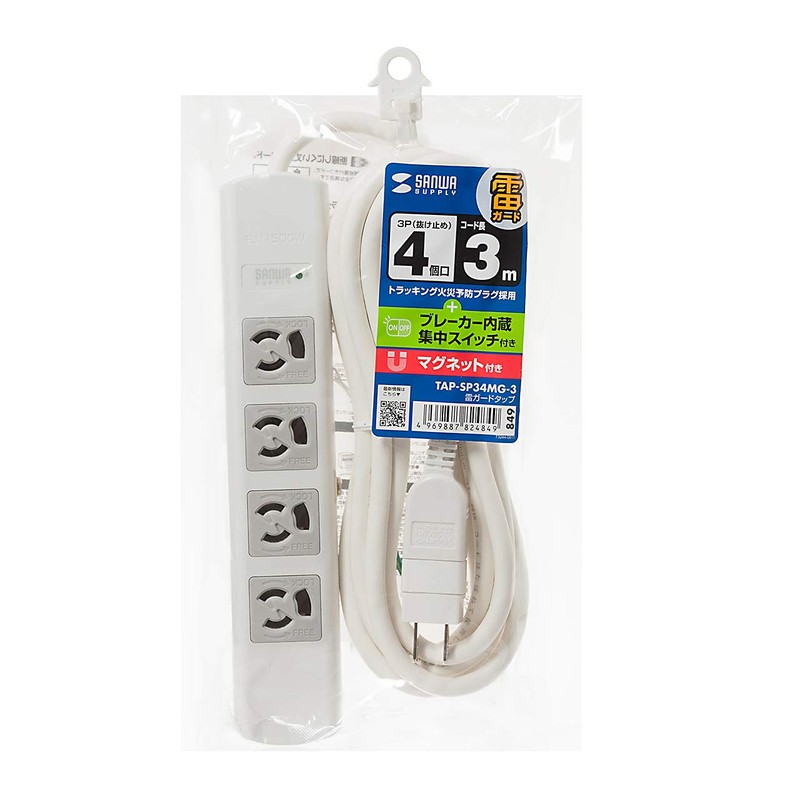 Sanwa Supply TAP-SP34MG-3 Thunder Guard Tap, 3P, 4 Socks, 9.8