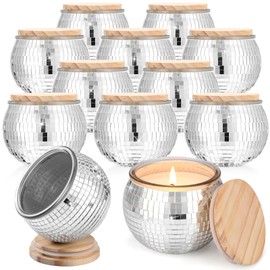 Jinei 12 Pcs Glass Disco Ball Candle Jars 10 oz Empty Jars with Bamboo Lids Thick Glass Mirror Ball Containers for Making Candles Bulk Candle Jars for Wedding Favor, DIY Gift, Baby Shower