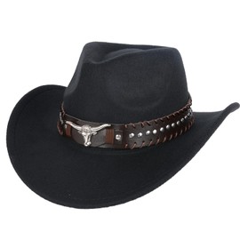 Western Cowboy Hat with Unique Bull Head Accessories Distressed Edged Outdoor Sun Protection Hat Wool Felt Multi Functional Unisex Cowboy Hat with Leather Strap and Vintage Design Occa