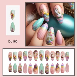 Easter Press on Nails Bunny Medium Almond Fake Nails with Flower Design Cute Rabbit Nails Press ons, Gradient Pink False Nails Glossy Reusable Spring Nails for Women Girls Manicure 24pcs