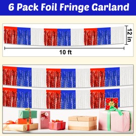 6 Pack 10 Feet White Blue Red Wave Foil Fringe Garland Metallic Tinsel Streamers Banner Wall Hanging Curtain Backdrop for Parade Floats, Mother's Day, Easter, Wedding, Birthday Party Decoration