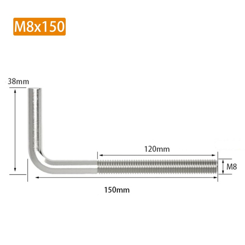 (8 Pieces) M8x150mm L Shape Foundation Bolts 304 Stainless Steel
