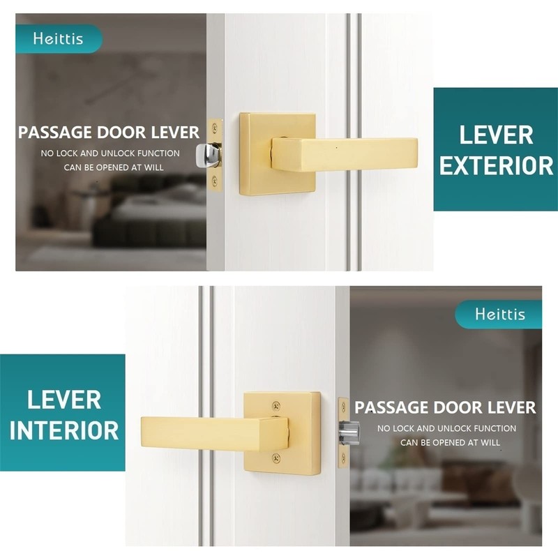 Heittis 3 Pack Heavy Passage Door Handle Keyless Square Brushed