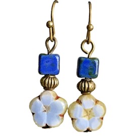 Etched Bronze, Light Denim and Deep Blue Czech Bead Earrings Flowers Bloom. Jewelry Earrings for Women #3298FE3430