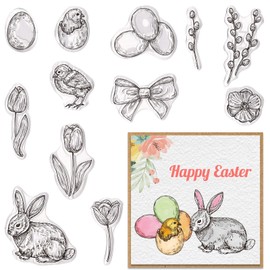 Threetols Easter Clear Stamps for Card Making, Bunny Eggs Clear Rubber Stamp Rabbit Flower Bow Stamps for Holiday Card Making Decor DIY Scrapbooking Transparent Album Decor Paper Craft
