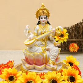 alikiki Big Hindu Goddess Saraswati Statue - 8.7”H Marble Look Indian Idol Saraswati Figurine India Diwali Murti Pooja Sculpture Home Office Temple Mandir Puja Item Altar Shrine Spiritual Decor