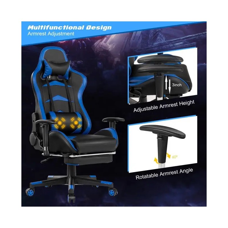 Gaming Chair Blue PU Leather 4D Armrest Manual Recliner Swivel