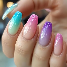 Vopintpy Rainbow Gradient Press on Nails Medium Square Fake Nails Colorful Gradient Acrylic Glue on Nail Glossy Reusable Full Cover Artificial Stick on Nail for Women DIY Manicure