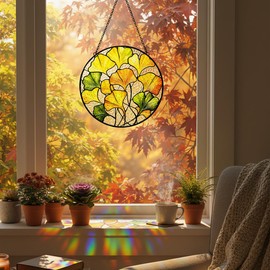 Ginkgo Leaf Stained Glass Window Hanging, 7.8''Yellow & Green Ginkgo Stained Glass Suncatcher for Window & Home Autumn Garden Decor Plant Sun Catcher Fall Gift for Women & Plant Lovers