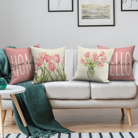 FUYUCHEN Pillow Covers 18x18 Set of 4 Tulip Home Sweet Home Pink Throw Pillows Decorative Pillow Cases Hello Summer Spring Seasonal Farmhouse Decorations for Home Sofa Couch