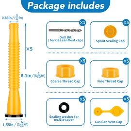 Gas Can Spout Replacement Kit, Gas Can Nozzle Replacement, Flexible Pour Nozzle Fit For 1/2/5/10 Gallon Gas Cans(5 Kit-Yellow). With Nozzle, Gas Vent caps, Rubber Gasket, Thread Caps, Drill Bit