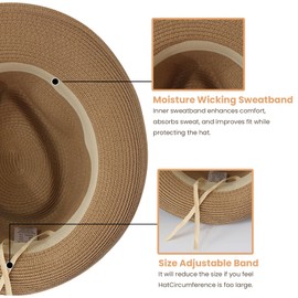 Wildarms Fedora Straw Sun Hat for Men Women Foldable Roll Up Short Brim Trilby Hat Panama Beach Hat Kahaki 59CM