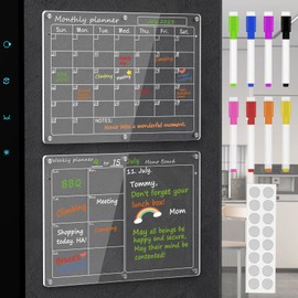 Magnetic Acrylic Calendar for Fridge,2 Pack 11"x15" Clear Fridge Calendar Dry Erase Magnetic Planning Boards Set for Refrigerator with 6 Colorful Highlight Markers
