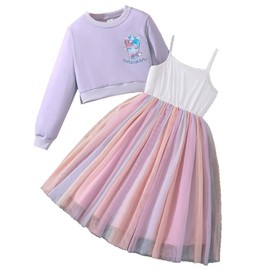 Girls' Outfits & Clothing Sets - Girls Lilac Cropped Unicorn Print Top & Cami Dress, Unicorn Dress, Girls Outfits, dress for kids, girls dress up, unicorn costume, dresses for girls ( 10 - 11 years )