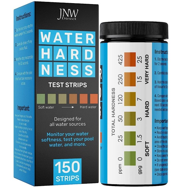 Water Hardness Test Strips - Quick and Accurate Water Softener Test Strips - Hard Water Test Strips with eBook - Ultimate Test Kit for Water Hardness - 150 Test Strips by JNW Direct