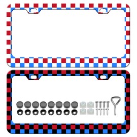 Checkerboard License Plate Frames - 2 Pack Front Rear Colorful Checkered Pattern License Plates Holder Covers, Aluminum Metal Rust-Proof Waterproof Car Tag Frame with Screws Fasteners Caps