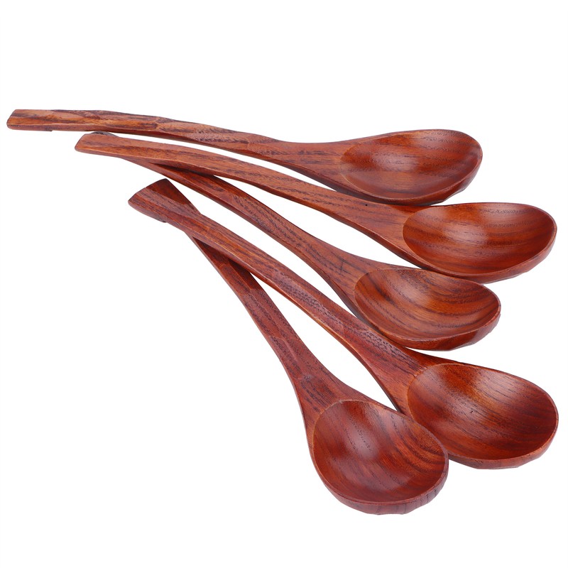 5PCS Japanese Style Wood Spoon Long Handle Soup Spoons Household