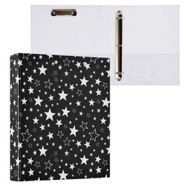 Star Patterned Black and White 3 Ring Binder 1.5" Decorative D-Ring Binder with Clipboard&3 Clear Pockets, Holds 200 Sheets A4 Size Paper Waterproof Binders for School Home Office