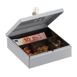 Relaxdays, Grey Lockable Cash Box, Cash Box with Coin Compartment, Money Box with 2 Keys, Money Counter Box, W x D: 17 x 17 cm, Alloy Steel, Standard