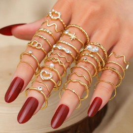28Pcs Gold Plated Stacking Ring Set for Women Teen Dainty Thumb Stackable Rings Gold CZ Non Tarnish Rings Plain Band