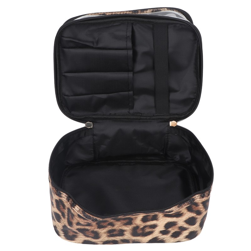 Double Layer Cosmetic Bag PVC Leopard Print Design Portable Large