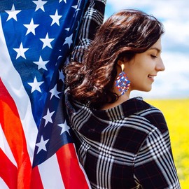 ARATLENCH 4th of July Leaf Earrings Red White and Blue Acrylic Pendant necklace Earrings Long Statement Leaf Charm Necklace Tortoise Resin Palm Leaf Earrings Fashion Necklaces Earrings for Women (red white blue earring)