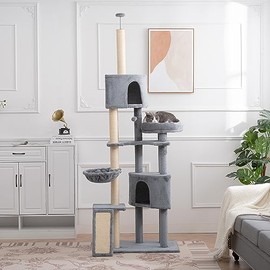 SPOFLYINN Cat Tree for Indoor Cats 105" Tall Cat Tower Multi-Level Cat Condo with 3 Perches 2 Caves Cozy Basket Scratching Board Pet Supplies Gray