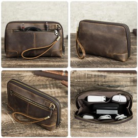 CataPurus Electronic Organizer Zipper Bag Tech Pouch, Top Grain Leather Handmade, Portable Compact Travel Storage Cases Fits Apple Accessories, Phone, USB Cables, Power Banks, Chargers, Hard Drive