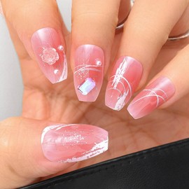 Sethexy Pink Gradient Press On Nails 3D Medium Coffin False Nails with Design 24PCS Glossy Full Cover Art Fake Nail for Women and Girls (6)
