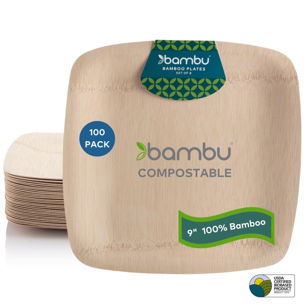 Bambu, Disposable Bamboo Square Plates 9 Inch, Organic, Biodegradable and