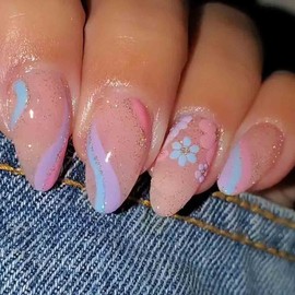 RikView Pink Press on Nails Medium Fake Nails with Flowers Design Almond Nails Glossy Full Cover Nails