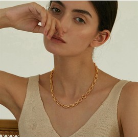 Aobei Pearl 18K Gold Statement Chunky Chain Choker Thick Elliptical Oval Link Necklace for Women Minimalist Spring Ring Sailor Clasp Jewelry 18”